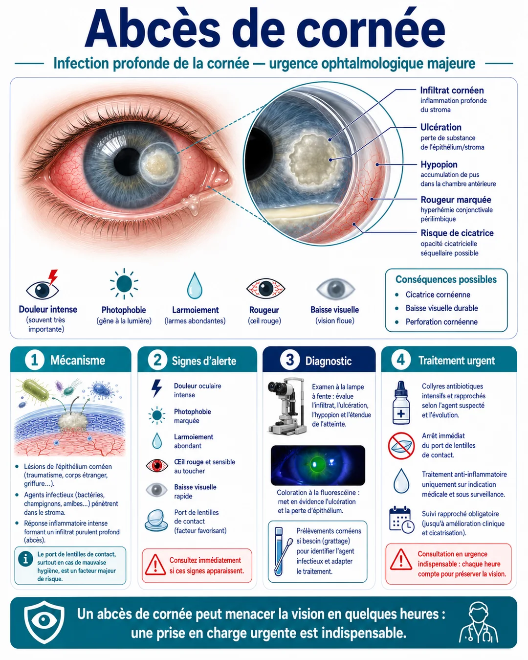 Infographie : abcès de cornée — signes, diagnostic et traitement urgent.