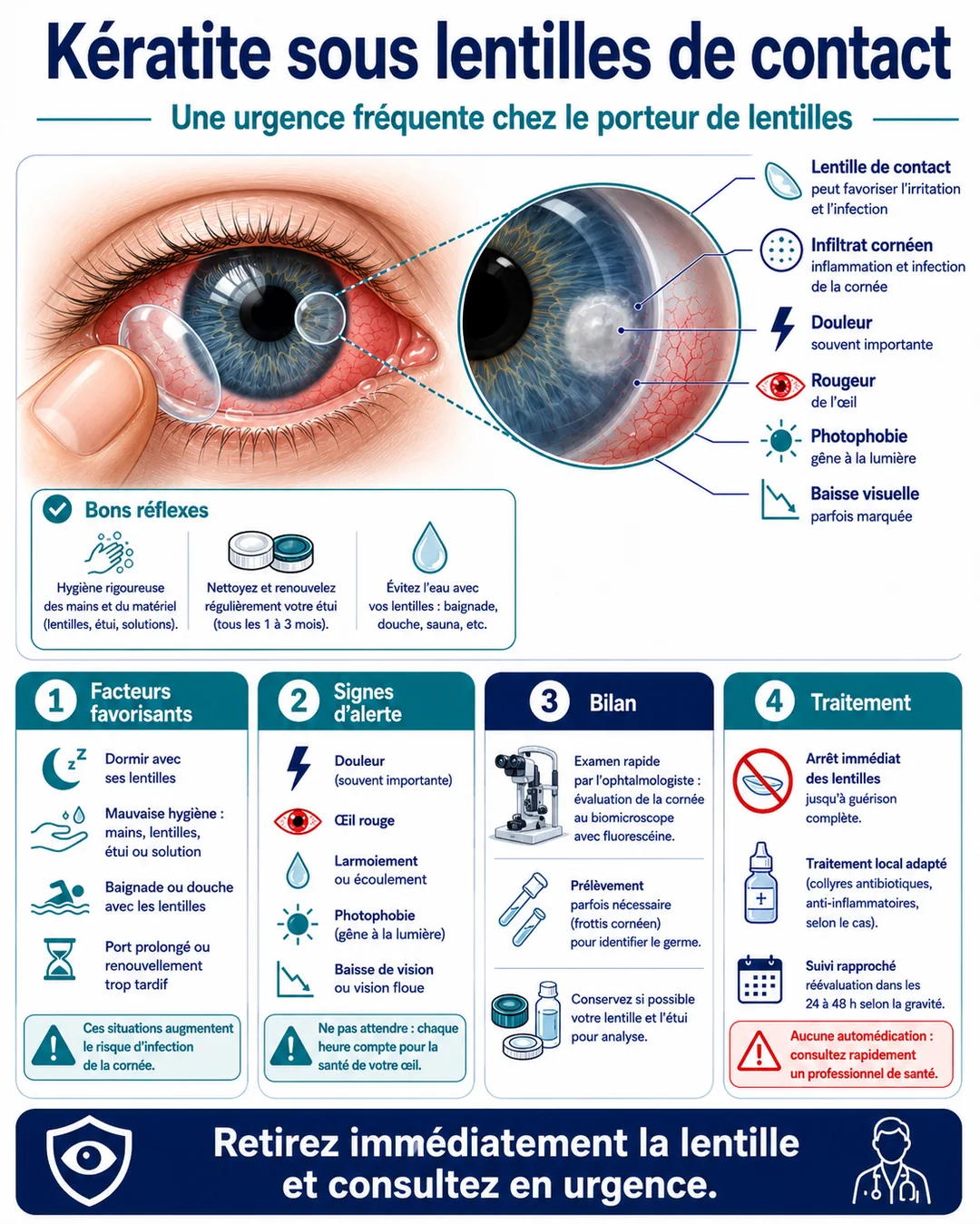 Infographie : kératite sous lentilles de contact — facteurs favorisants, signes d'alerte, traitement.