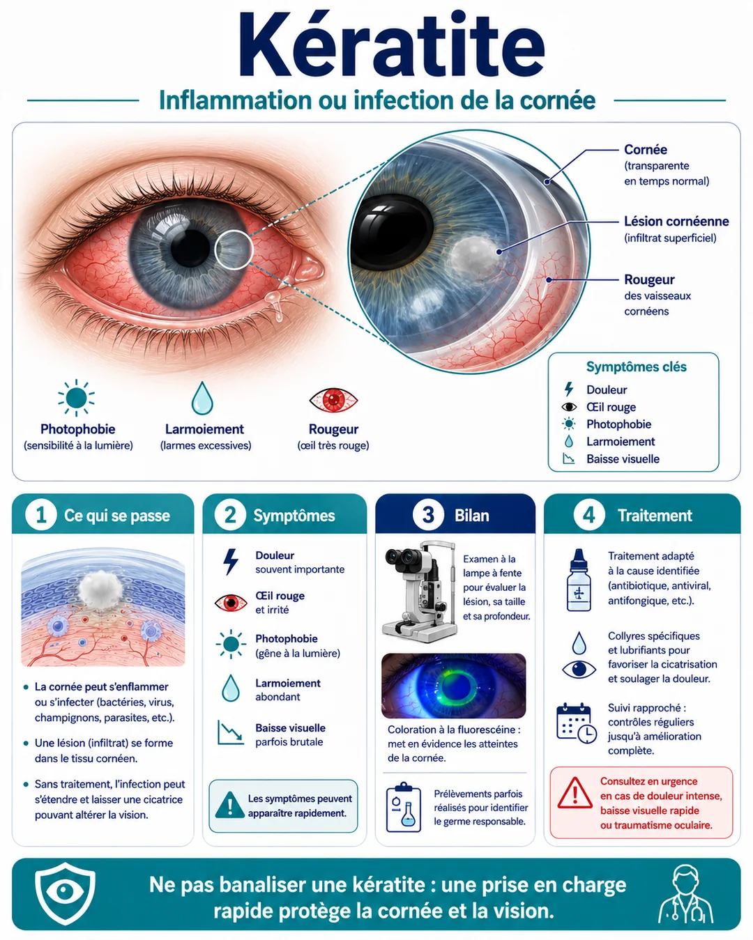 Infographie : kératite et atteinte de la cornée — symptômes, bilan et traitement.