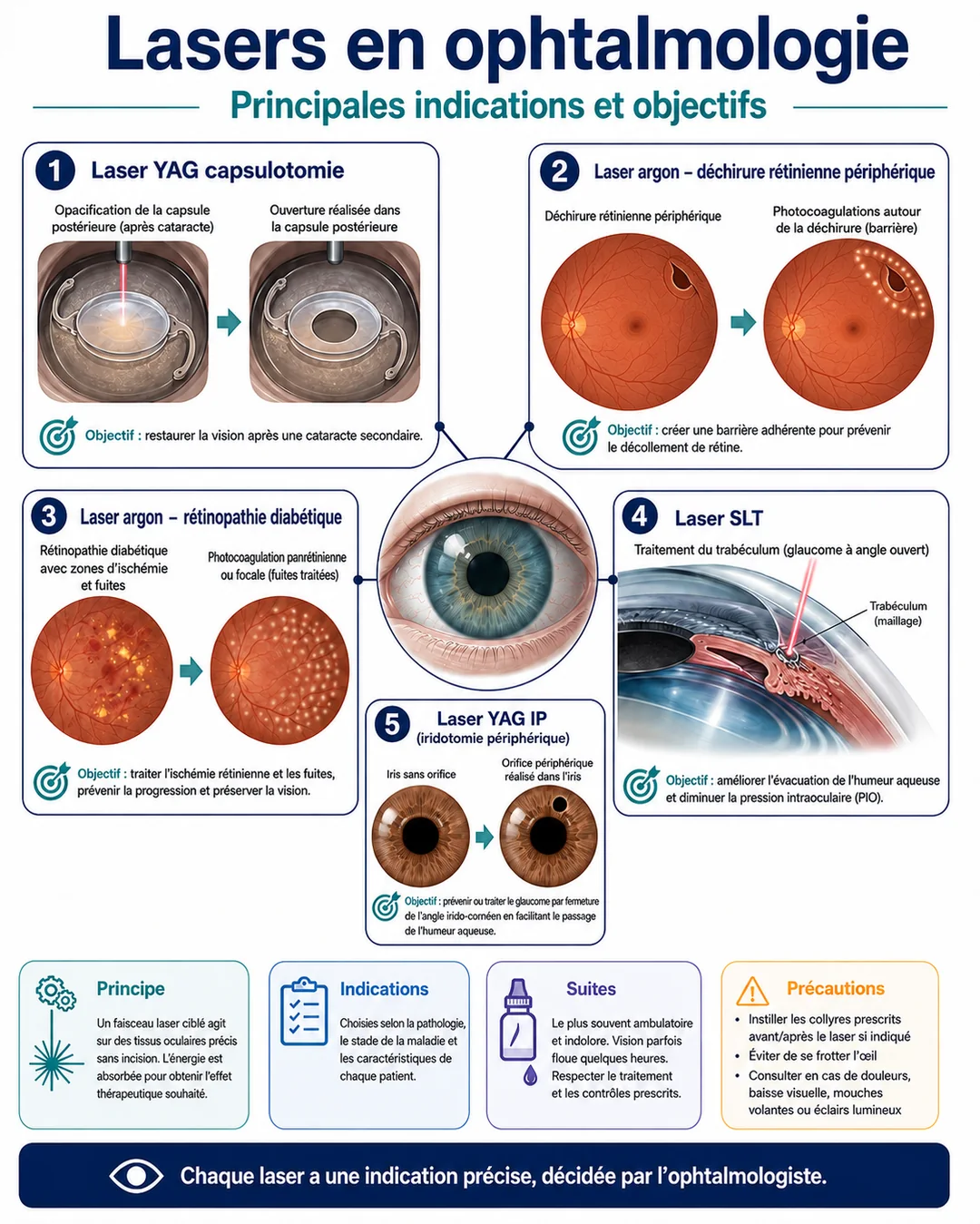 Les lasers en ophtalmologie : principales indications (YAG, argon, SLT) et objectifs.